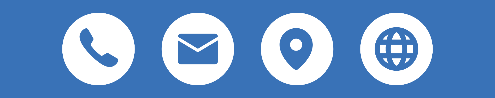 Das Bild hat einen blauen Hintergrund und zeigt vier weiße Icons: Ein Telefonhörer, eine Briefumschlag, ein Standort-Symbol und ein Webseiten-Symbol sind zu sehen.